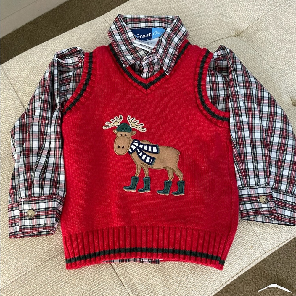 NWT great guy sz 24 mo plaid dress shirt and knit holiday sweater vest 0388